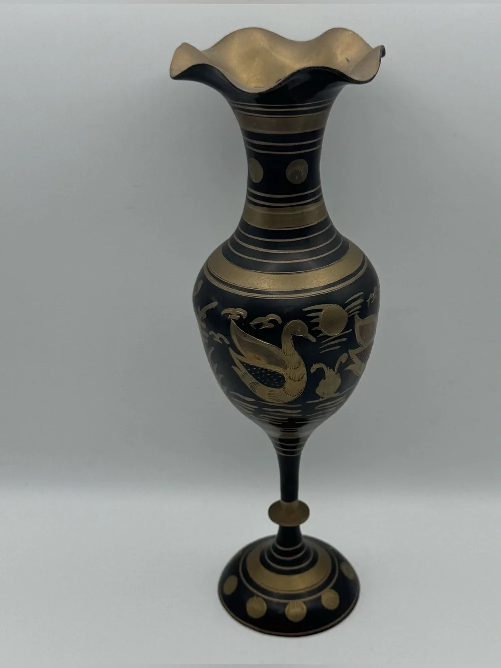 Vintage Indian Brass Vase Black Enamel Engraved Birds Floral Pedestal